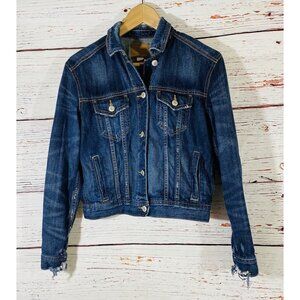 AE American Eagle Denim Jean Jacket Womens Sz Extra Small Coat Distressed Cuffs
